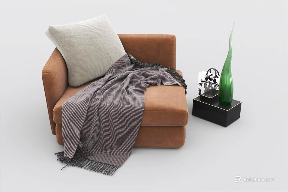 Brown Single Sofa With Light Pillow Gray Striped Blanket And Side Table With Green Vase 3d model