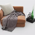 Brown Single Sofa With Light Pillow Gray Striped Blanket And Side Table With Green Vase 3d model