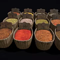Various Colored Spices in Wicker Baskets with Labels for Daily Living