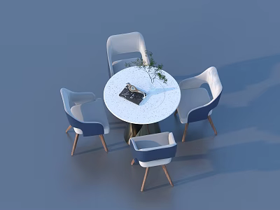 Modern Round Dining Table Set With Four Blue White Chairs Wooden Legs And Small Plant 3d model