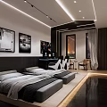 Hotel Room Interior With Round Bed Pink Red Tones Decorative Walls And Patterned Carpet