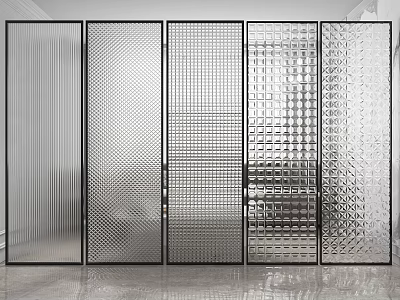 Modern Glass Room Dividers Featuring Striped Grid And Diamond Textured Patterns With Black Frames 3d model
