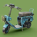 Blue Vintage Scooter With Black Leather Seat Front Headlight And Rear Rack