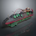 Retro Metal Mechanical Device With Green Red Circular Parts And Copper Accents