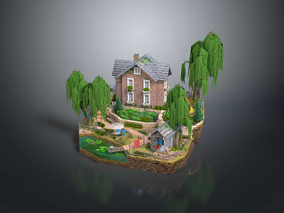 Charming Floating Island Landscape with Cozy House Willow Trees Small Pond Pathway and Decorations 3d model