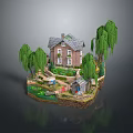 Charming Floating Island Landscape with Cozy House Willow Trees Small Pond Pathway and Decorations