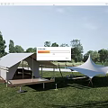 Elegant Glamping Tent With Wooden Deck And Canopy In Outdoor Grass Area With Trees