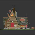Wooden Mystery Hack Cabin Featuring Shingle Roof Red Door Wooden Steps And Decorative Lanterns