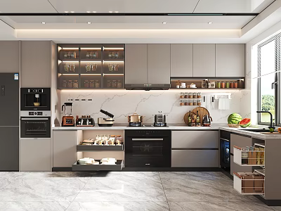 Modern Kitchen Interior Design With Gray Cabinets Marble Countertop Open Shelves And Appliances 3d model