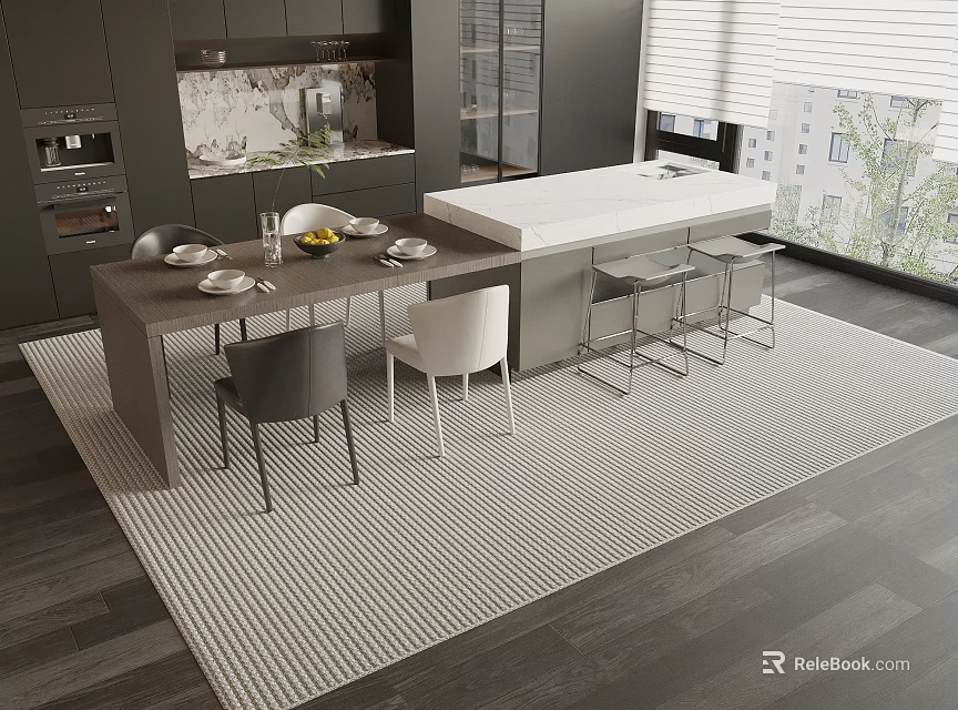 Modern Kitchen Dining Table Set With Chairs Island Counter And Area Rug 3d model 