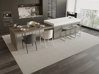 Modern Kitchen Dining Table Set With Chairs Island Counter And Area Rug 3d model