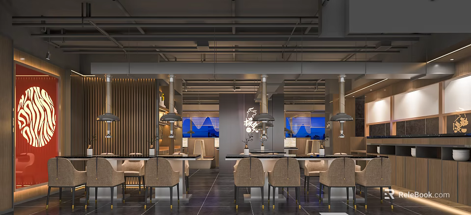 Modern Elegant Restaurant With Open Space Wooden Partitions Pendant Lights Marble Tabletops And Comfortable Seats 3d model 