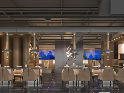 Modern Elegant Restaurant With Open Space Wooden Partitions Pendant Lights Marble Tabletops And Comfortable Seats 3d model