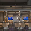Modern Elegant Restaurant With Open Space Wooden Partitions Pendant Lights Marble Tabletops And Comfortable Seats