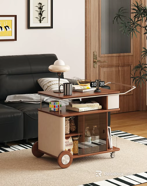 Wooden Side Table With Table Lamp Mug Books And Digital Clock Next To Black Sofa 3d model 