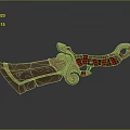 Ancient Decorative Weapon With Dark Blade Golden Ornament And Red Cord Wrapping