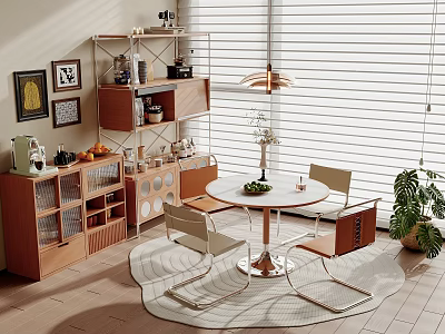 Modern Restaurant Interior With Wooden Cabinets Round Dining Table Chairs And Plants 3d model