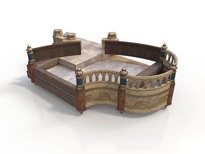 Classical Style Wooden Bed With Carved Railings Steps And Decorative Columns 3d model