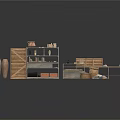 Rustic Household Items Display With Wooden Shelves Clay Pots And Baskets