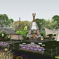 Scenic Garden Landscape With Tepees Green Lawn Trees Purple Flowers And Outdoor Seating Area