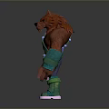 3D Werewolf Character Model With Red Fur Green Straps Blue Pants And Green Shoes