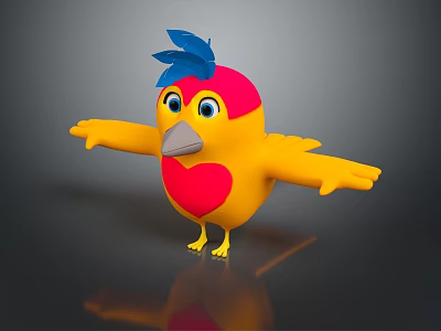 Cute Bird With Yellow Body Red Heart Shape Blue Head Feather And Open Wings 3d model