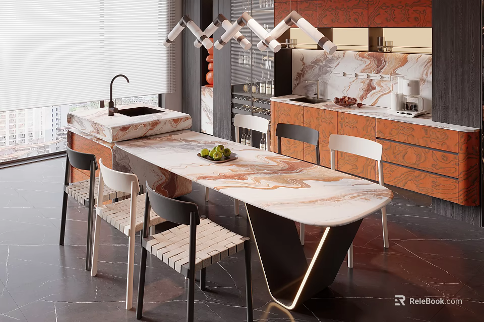 Modern Restaurant Kitchen Interior With Marble Island Chairs Pendant Lights And Cabinets 3d model 
