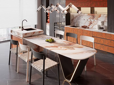 Modern Restaurant Kitchen Interior With Marble Island Chairs Pendant Lights And Cabinets 3d model