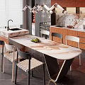 Modern Restaurant Kitchen Interior With Marble Island Chairs Pendant Lights And Cabinets