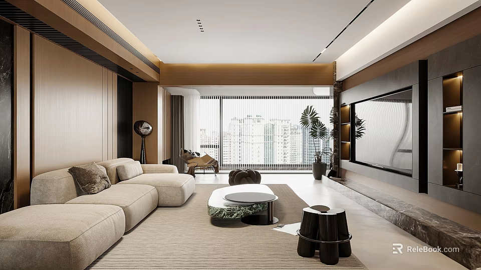 Modern Open Living Dining Area With Sofa TV And Large Windows 3d model