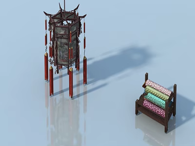 Traditional Chinese Style Pet Cabinet With Wooden Structure And Colorful Cushions 3d model