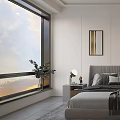 Modern Bedroom with Gray Bed Nightstands Table Lamps Wall Art Gray Rug and Window Plant