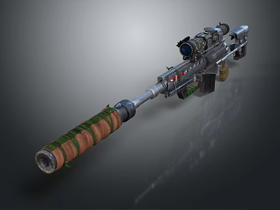 Tactical Sniper Rifle With High Power Scope Wooden Barrel Wrap And Suppressor 3d model