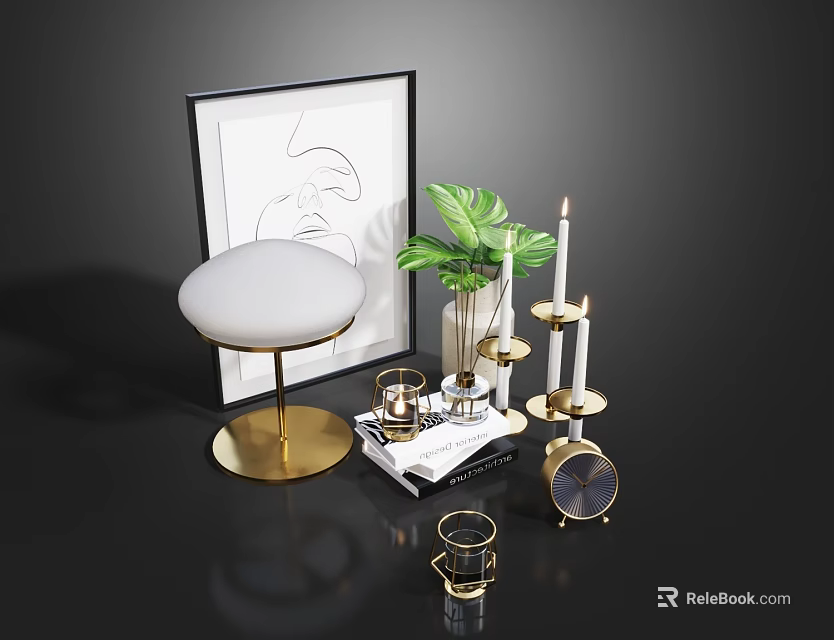 Elegant Decorative Ornament Set Featuring Framed Artwork Green Plant Candle Holders And Clock 3d model 