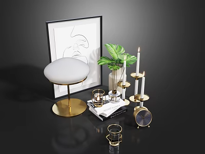Elegant Decorative Ornament Set Featuring Framed Artwork Green Plant Candle Holders And Clock 3d model