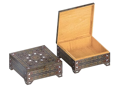 Ornate Wooden Boxes Open and Closed with Intricate Patterns and Decorative Bases 3d model