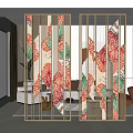 Modern Decorative Room Divider With Gold Frame And Colorful Leaf Patterns