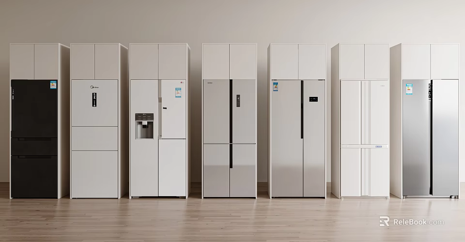 Various Styles of White and Silver Refrigerators and Freezers in Showroom with Light Wooden Floor 3d model 