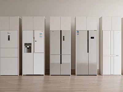 Various Styles of White and Silver Refrigerators and Freezers in Showroom with Light Wooden Floor 3d model