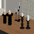 Black Candle Holders With Candles On Wooden Table Near Geometric Pattern Wall And Window Blinds