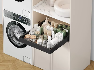 Efficient Storage Cabinet with Organized Toiletries and Sink Basin and Marble Countertop Near Washing Machine 3d model
