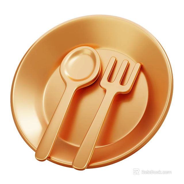Elegant Golden Kitchenware With Plate Spoon And Fork For Dining Table 3d model 
