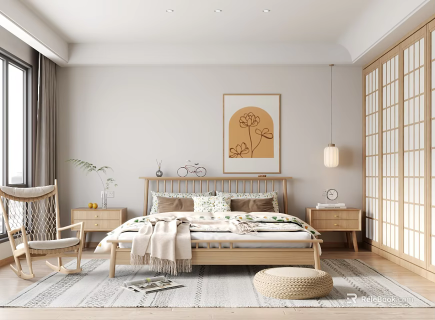 Cozy Bedroom with Wooden Bed Nightstand Sliding Screen Decorative Art Plant and Soft Rug 3d model 