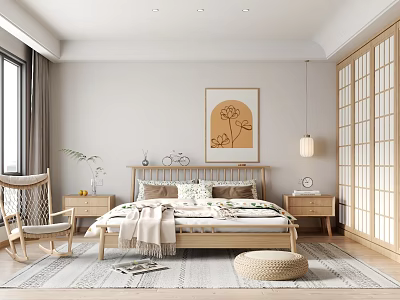 Cozy Bedroom with Wooden Bed Nightstand Sliding Screen Decorative Art Plant and Soft Rug 3d model