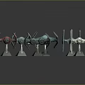 Detailed Sci-Fi Spaceship Models with Blue and Red Colors and Hexagon Shaped Designs