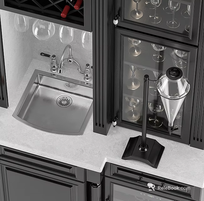 Modern Kitchen Faucet With Stainless Steel Sink Black Cabinets And Wine Glass 3d model 