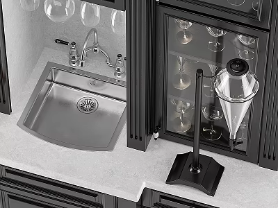Modern Kitchen Faucet With Stainless Steel Sink Black Cabinets And Wine Glass 3d model