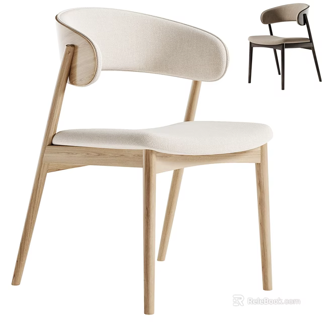 Modern Single Chair With Curved Backrest Wooden Frame And Beige Fabric Seat 3d model 