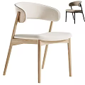 Modern Single Chair With Curved Backrest Wooden Frame And Beige Fabric Seat