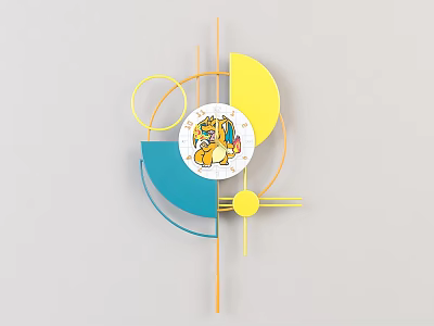 Modern Creative Wall Clock With Yellow Blue Geometric Shapes And Cartoon Center Design 3d model